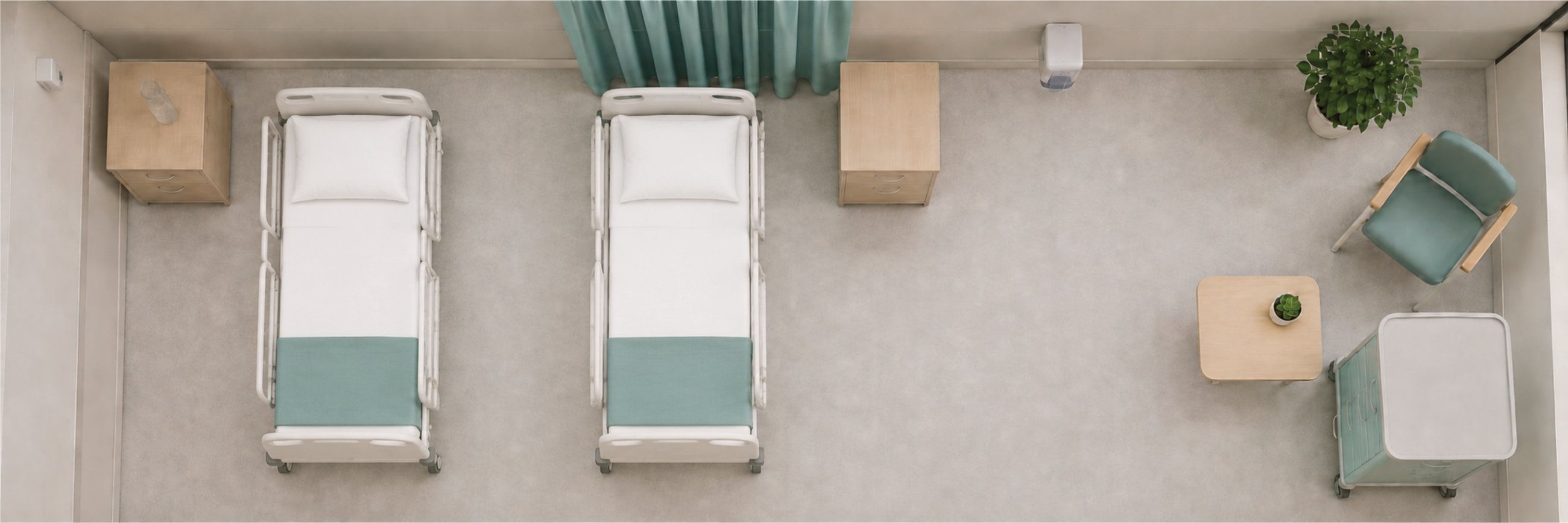 Same clinical room with both hospital beds fully made