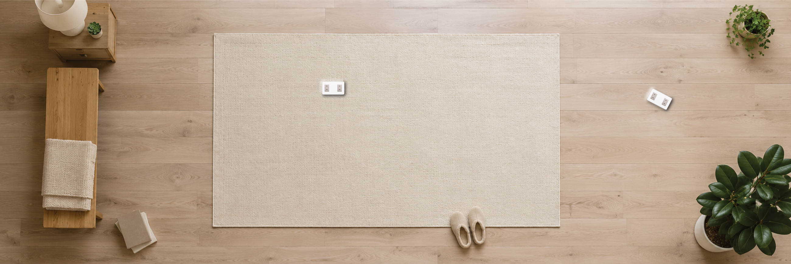 Top-down view of an empty bedroom with BedDot devices on the floor