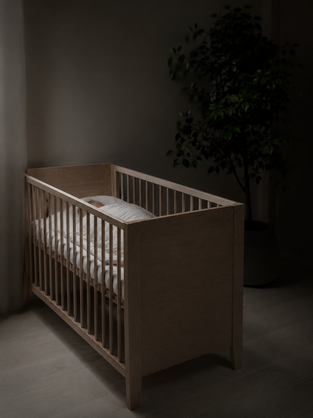 A wooden crib in a dim nursery, no camera in sight