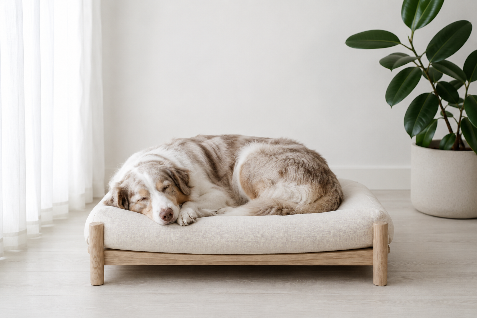 A dog sleeping on a low pet bed