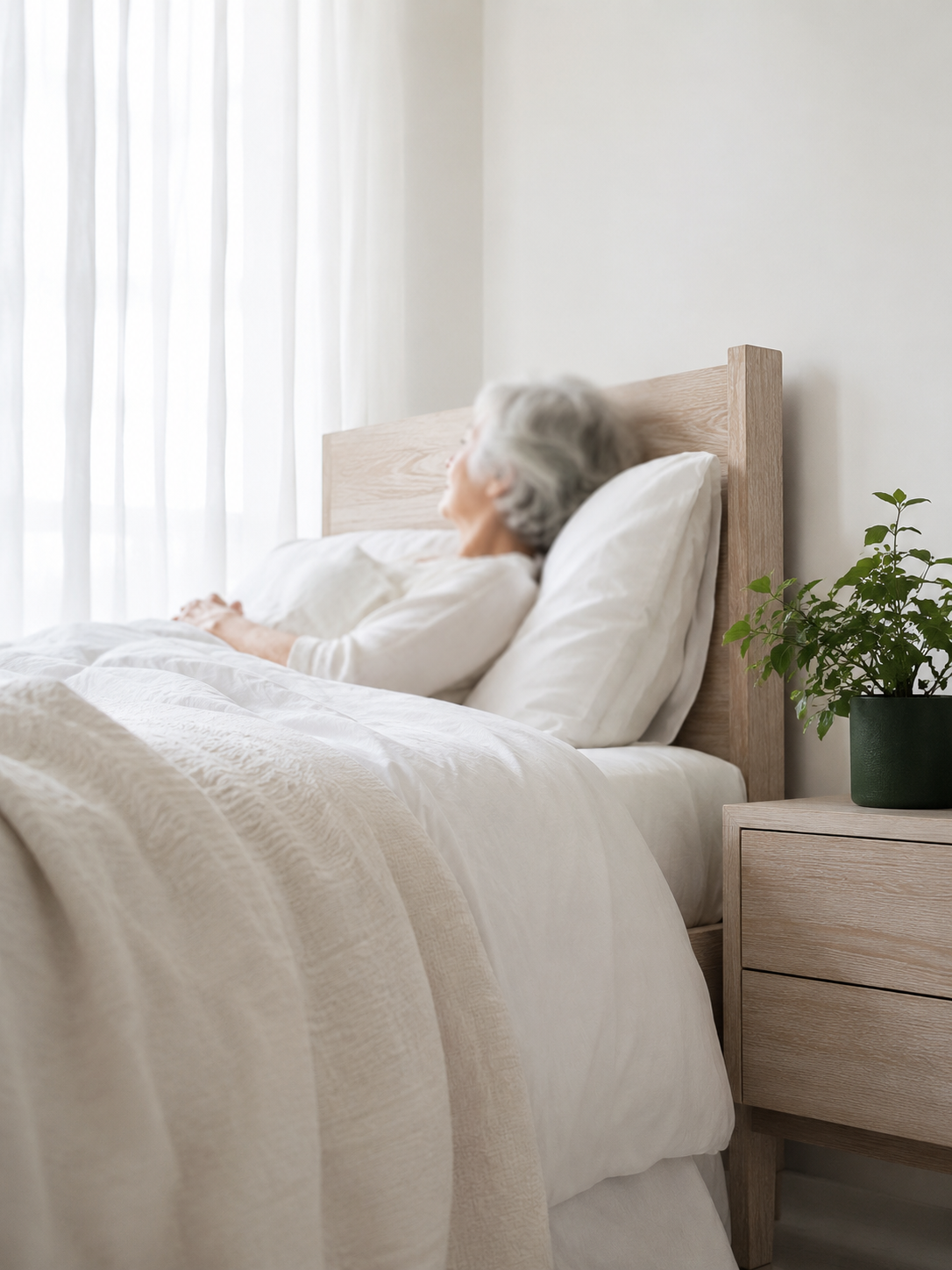 An older woman resting in a light-filled bedroom